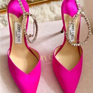 Jimmy Choo Hot Pink Satin Pointed-Toe Stiletto Heels with Crystal Ankle Straps